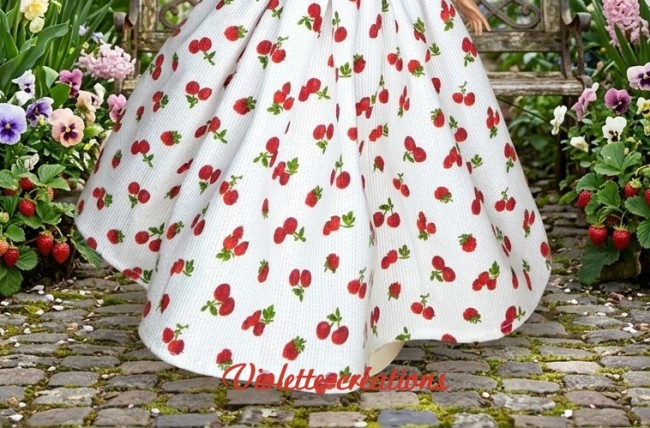 Robe longue pour poupéeRobe longue pour poupée Barbie, imprimé cerises rouges sur tissu blanc, avec ceinture scintillante et couronne de fleurs, tenue estivale élégante