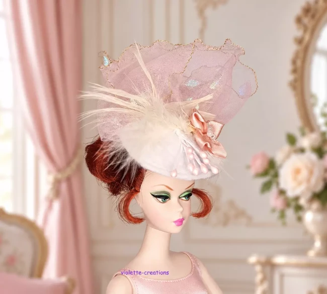 Chapeau bibi haute couture plume – poupée Barbie chapeau bibi blanc rose plume pour poupée Barbie