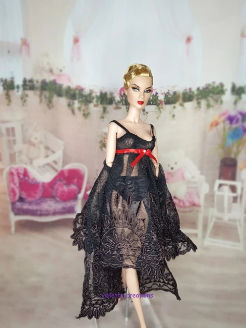 Tenue de nuit pour poupée type Barbie, déshabillé noir en dentelle et nuisette avec ruban rouge