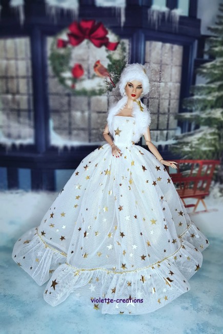 Robe princesse en organza blanc avec étoiles dorées et étole en fourrure pour poupée Barbie