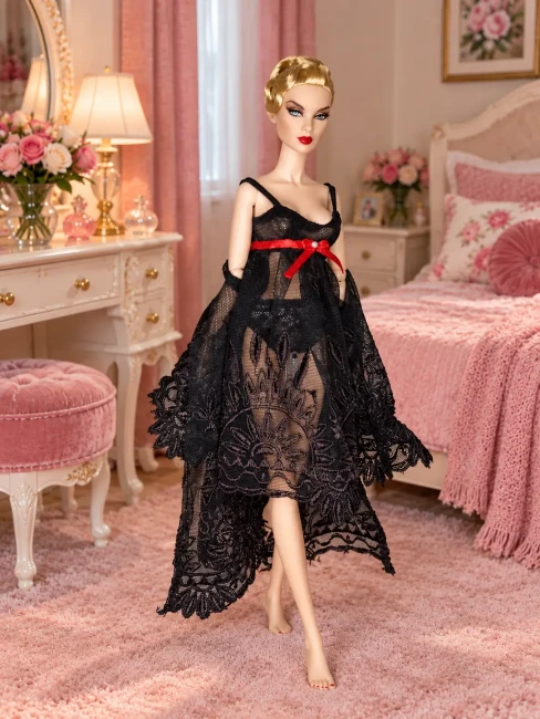 Tenue de nuit pour poupée type Barbie, déshabillé noir en dentelle et nuisette avec ruban rouge
