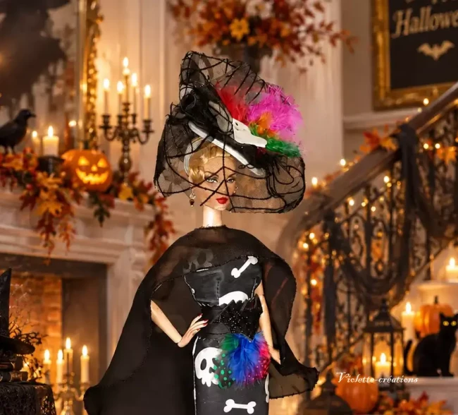 robe-pour-poupee-barbie-sorciere-halloween (2) Robe de sorcière pour poupée type Barbie en jersey motif squelette et tulle toile d'araignée Violette Créations