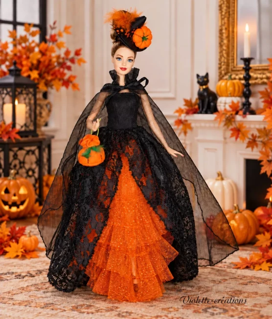 tenue de sorcière halloween pour poupée barbie Poupée mannequin 29 cm en robe de sorcière Halloween orange pailletée et dentelle noire avec cape, chapeau et sac citrouille.