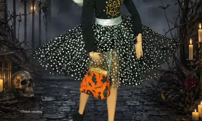 Tenue de sorcière Halloween pour poupée type Barbie avec jupe en tulle à pois et chapeau pointu Violette Créations