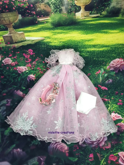 Robe de princesse rose scintillante avec serre-tête fleurs rose argenté pour poupée type Barbie