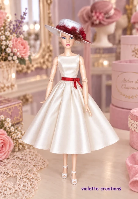 Capeline élégante blanche et rouge pour poupée Barbie - Fait main Capeline blanche élégante avec fleurs rouges et plumes pour poupée Barbie