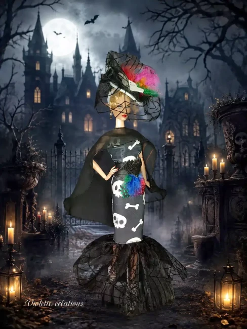 robe-pour-poupee-barbie-sorciere-halloween Robe de sorcière pour poupée type Barbie en jersey motif squelette et tulle toile d'araignée Violette Créations