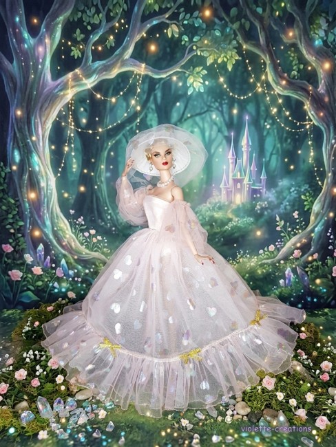 Robe princesse poupée Barbie – Tulle à cœurs brillants Robe princesse en tulle à cœurs brillants pour poupée Barbie avec chapeau, sac cœur et bijoux