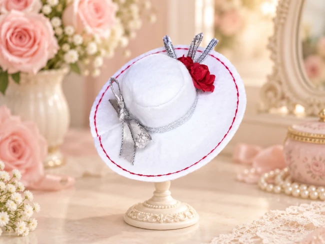 Chapeau Blanc, Roses Rouges et Argent Poupée Barbie | violette-creations Capeline blanche pour poupée Barbie avec roses rouges, surpiqûres rouges et nœuds argentés