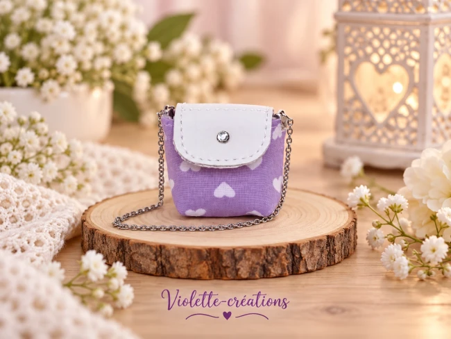sac-violet-romantique-pour-poupee-Barbie Sac à main miniature en coton mauve à petits cœurs blancs, rabat en simili cuir blanc avec strass et chaînette argentée pour poupée mannequin 29 cm.