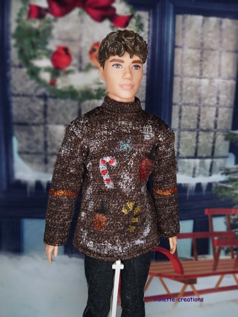 Pull de NoĂ«l marron pour poupĂ©e Ken â Fait main en coton Pull de NoĂ«l marron en coton pour poupĂ©e Ken, dĂ©cor cannes en sucre, cĆurs et Ă©toiles, crĂ©ation artisanale Violette-Creations
