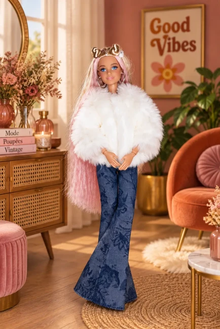 Tenue Mode Barbie : Veste en Fausse Fourrure et Jean Floral Poupée Barbie habillée d'une veste en fausse fourrure blanche, d'un haut argenté et d'un jean évasé avec un motif floral