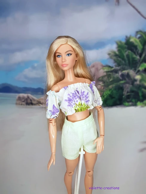 Ensemble poupée Barbie été lavande top et short Tenue poupée Barbie top et short coton lavande provençale