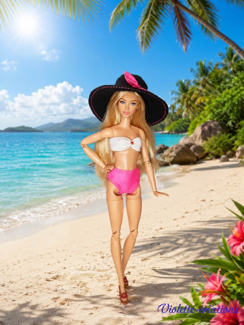 Ensemble maillot de bain 2 pièces rose et blanc fait main avec chapeau capeline noir pour poupée barbie