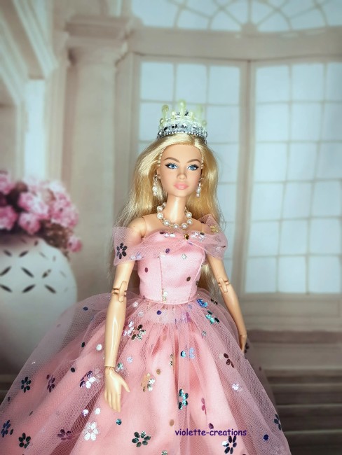 Robe de princesse rose pour poupée  Barbie, avec tulle fleuri scintillant saumon