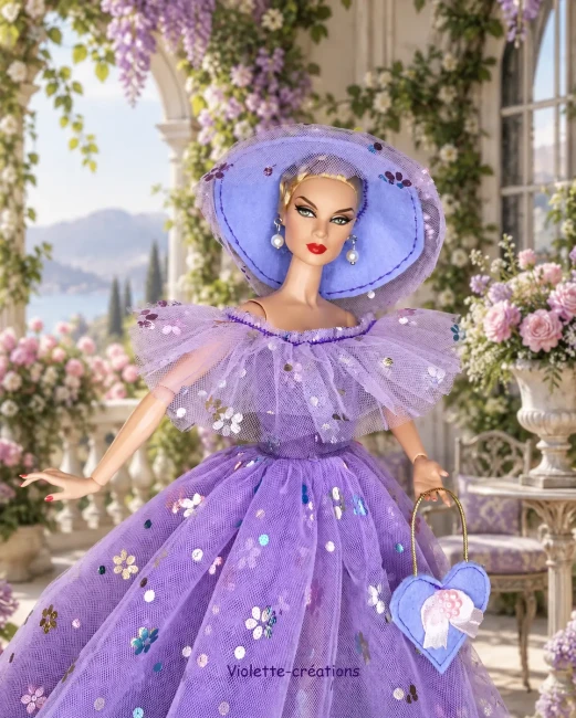 Robe princesse lilas fleurie en tulle – Poupée Barbie Robe princesse lilas en tulle avec fleurs scintillantes pour poupée Barbie