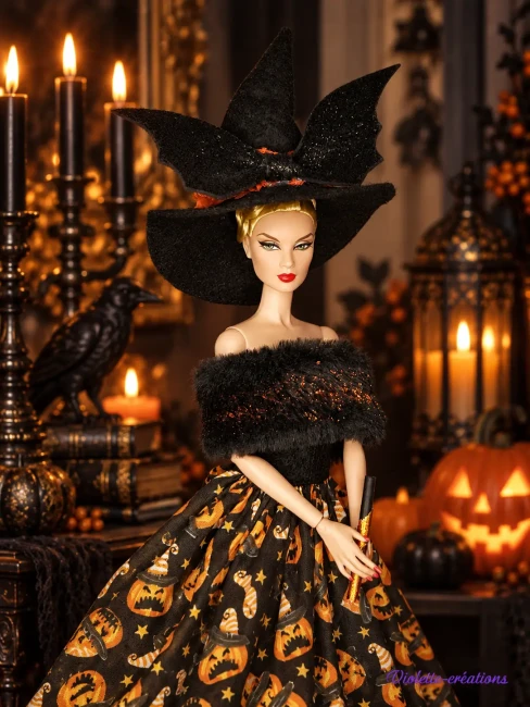 Déguisement Halloween avec robe en coton, motifs de citrouilles, chapeau en feutrine noir avec chauve-souris pailletée, étole en fausse fourrure noir et balai de sorcière miniature.