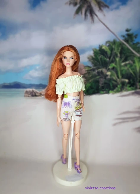 Tenue poupĂ©e Barbie Ă©tĂ© lavande â short et top coton Ensemble short et top coton lavande provençale pour poupĂ©e type Barbie