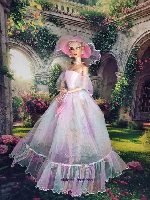Robe princesse multicolore en tulle pailleté pour poupée Barbie avec chapeau rose et sac cœur