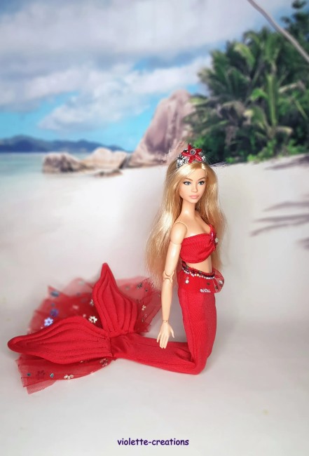 Tenue sirène rouge scintillante pour poupée Barbie avec queue en tulle pailleté