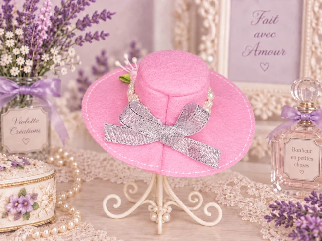 Chapeau feutrine rose romantique – poupée Barbie chapeau feutrine rose avec rose et nœud argenté pour poupée Barbie