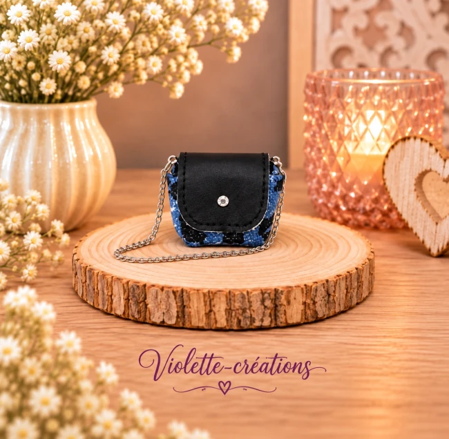 Sac à main miniature en jean imprimé léopard bleu et noir, rabat en simili cuir noir avec strass et chaînette argentée pour poupée mannequin 29 cm.