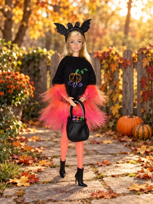 tenue-halloween-poupee-barbie Tenue Halloween pour poupée mannequin type Barbie avec citrouille brodée, fausse fourrure orangée, serre-tête chauve-souris et chaudron noir.