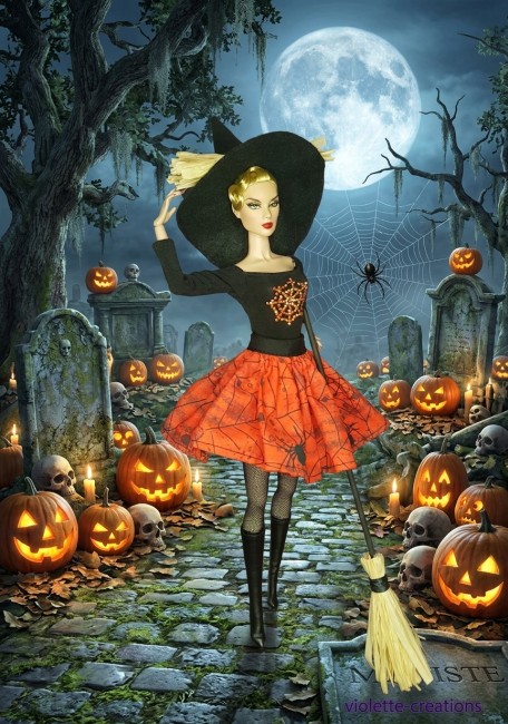 Poupée Barbie en robe de sorcière avec jupe orange imprimée d'araignées et de toiles, justaucorps noir à strass, collants noirs, bottes en simili cuir, chapeau de sorcière en feutrine et balai de sorcière