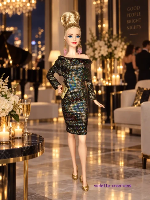 Robe de Soirée Poupée Barbie - Jersey Hologramme Or et Noir Robe de soirée fourreau pour poupée mannequin en jersey hologramme or et noir avec reflets multicolores