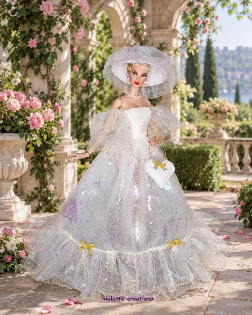 Robe princesse blanche en tulle scintillant pour poupée type Barbie avec chapeau, sac cœur et bijoux