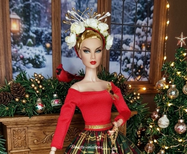 Robe de Nöel pour poupée Barbie,Jupe en Coton Tartan,Haut en Jersey Rouge ,Serre-Tête en Rose Blanche,une boule de Noël dorée incrustée de strass