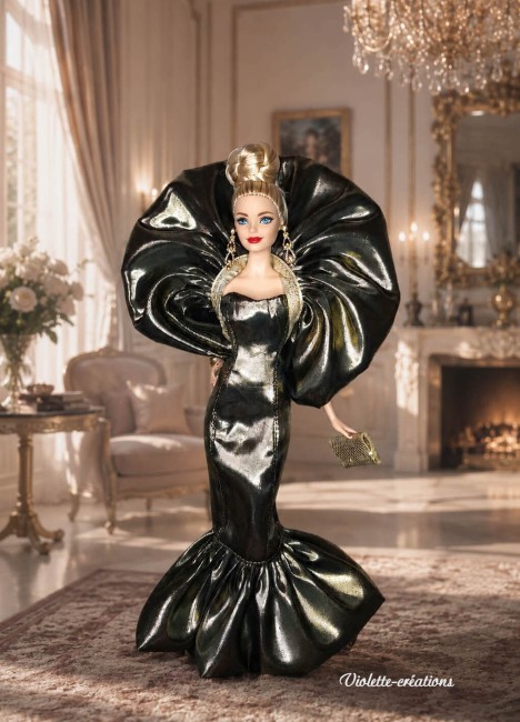 Poupée type Barbie portant une robe de soirée glamour en satin lamé or style haute couture
