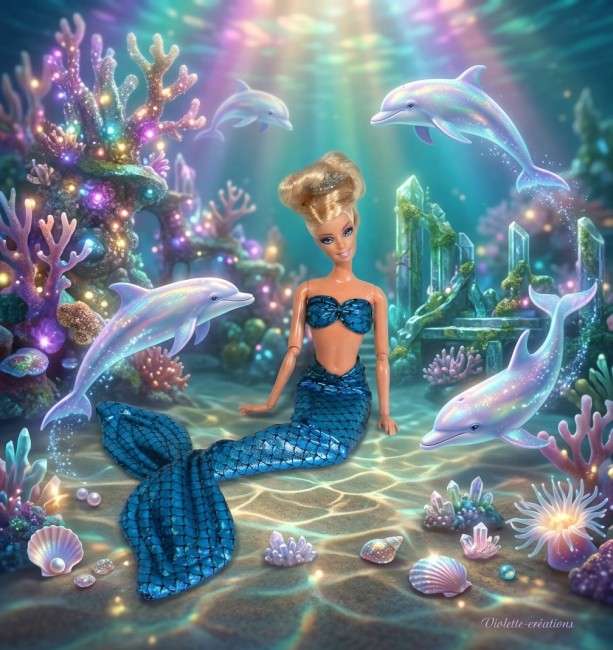 Tenue de Sirène Scintillante pour Barbie - Effet Écailles Magique Barbie portant une tenue de sirène verte scintillante avec effet écailles et un haut assorti en forme de coquillage, posé sur un décor de plage
