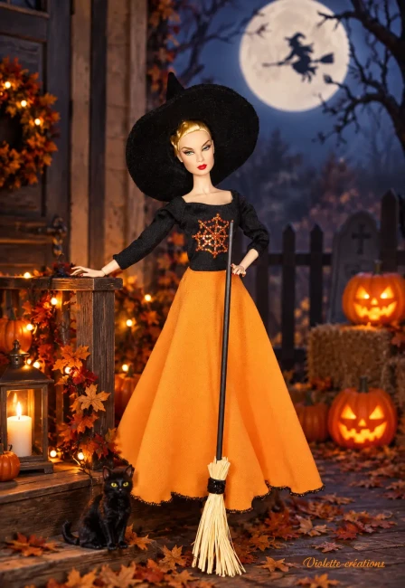 Robe de sorcière jupe évasée ornage ,justaucorps noir, balaie chapeau pour poupée barbie