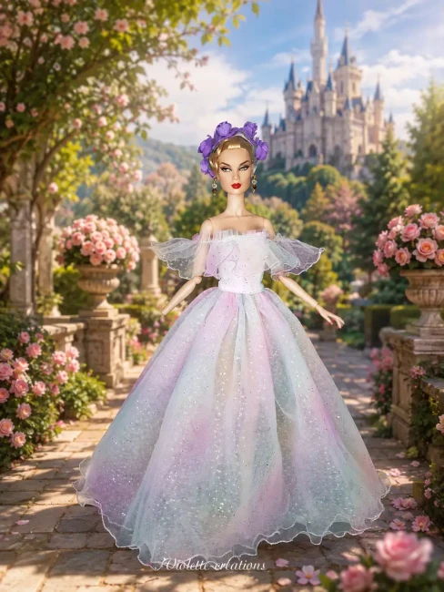 Robe féerique en tulle arc-en-ciel avec jupon pailleté et serre-tête roses violettes pour poupée barbie