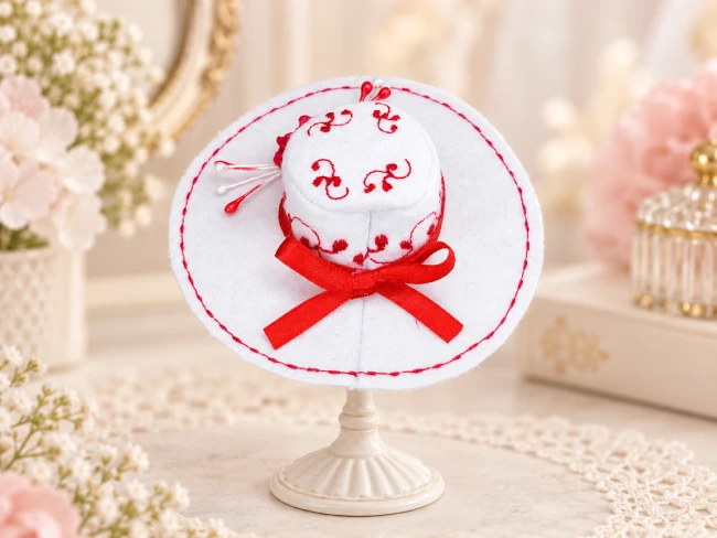 Chapeau capeline blanc miniature pour poupée Barbie avec broderies rouges, rose rouge et surpiqûres
