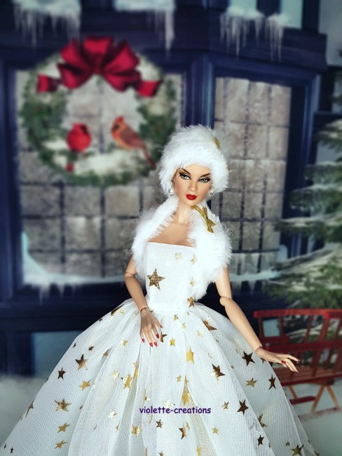 Robe princesse en organza blanc avec étoiles dorées et étole en fourrure pour poupée Barbie