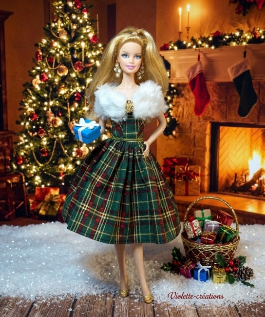 barbie noêl N°6 pour poupée barbie,Barbie fashionistas,vêtements barbie Barbie Noël ,robe coton tartan , étole fausse fourrure