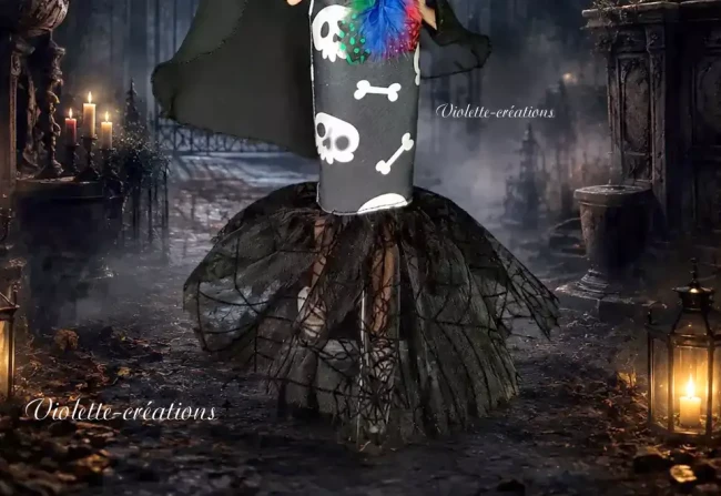 robe-pour-poupee-barbie-sorciere-halloween (3) Robe de sorcière pour poupée type Barbie en jersey motif squelette et tulle toile d'araignée Violette Créations