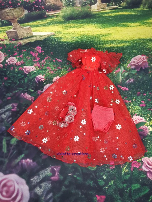 Robe de princesse rouge scintillante avec serre-tête roses rouge argenté pour poupée type Barbie
