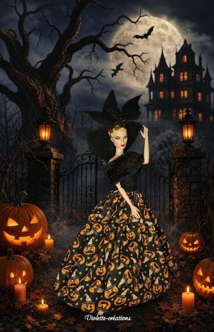Robe de sorcière Cornélia pour poupée barbie , déguisement halloween Déguisement Halloween avec robe en coton, motifs de citrouilles, chapeau en feutrine noir avec chauve-souris pailletée, étole en fausse fourrure noir et balai de sorcière miniature.