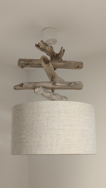 Lustre bois flotté abat-jour lin