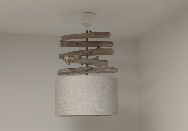 Lustre bois flotté abat-jour lin