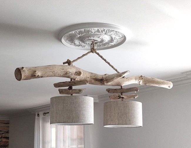 lustre double bois flotté lin 