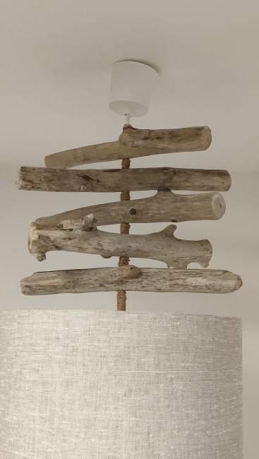 Lustre bois flotté abat-jour lin