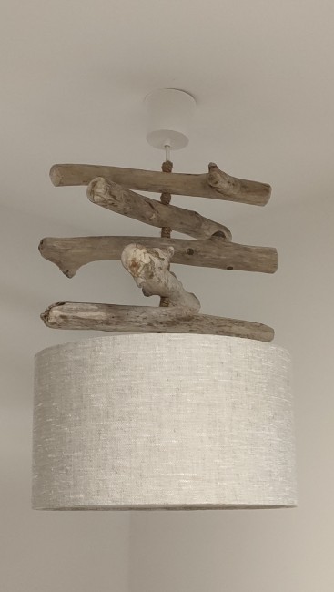 Lustre bois flotté abat-jour lin