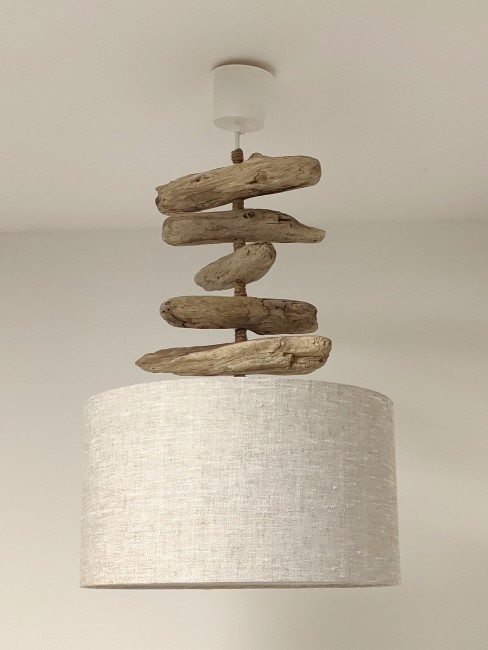 lustre bois flotté lin 35 cm