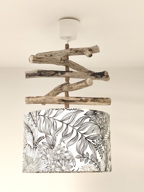 lustre bois flotté fleurs noir et blanc