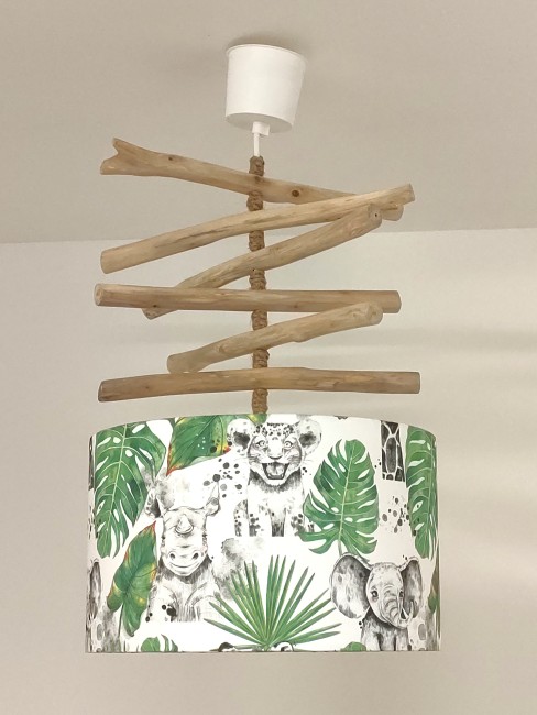  Lustre suspension en bois flotté abat-jour animaux de la jungle - tigre - girafe - rhinocéros - éléphant
