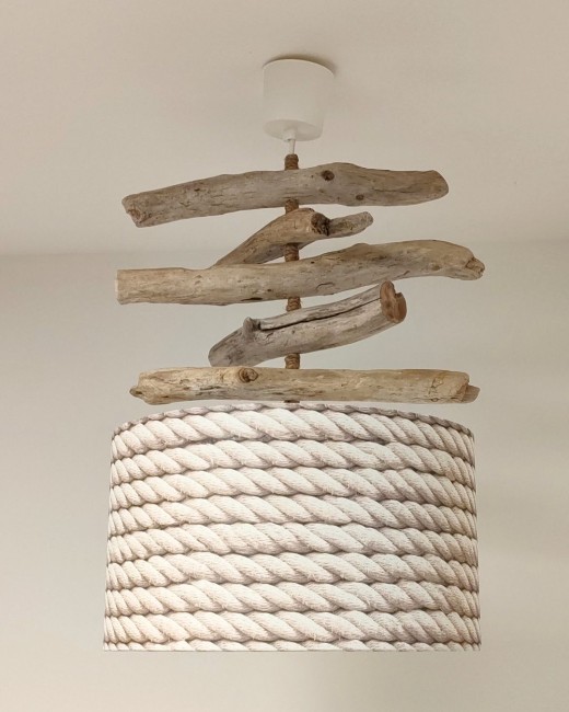 Lustre bois flotté abat-jour motif imitation cordage Ø 35 cm